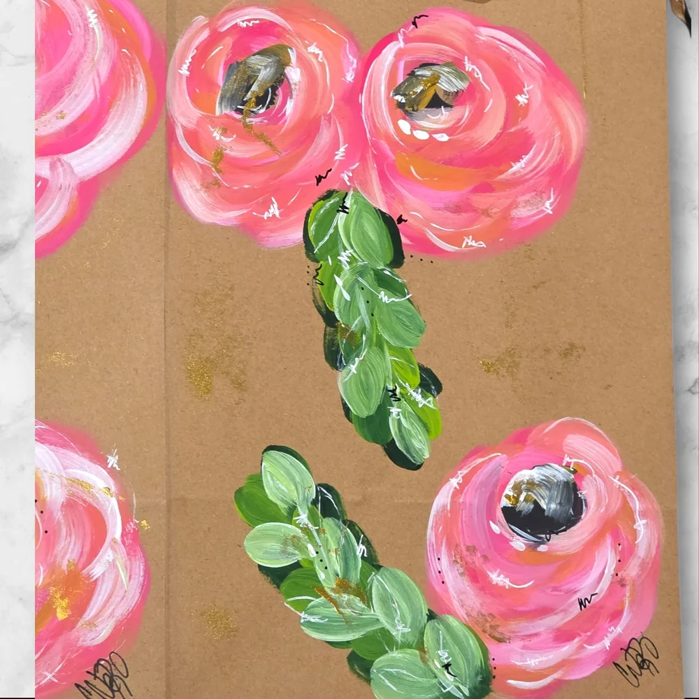 Set Of Three Gift Bags Hand Painted Hand Crafted Pink Floral C64